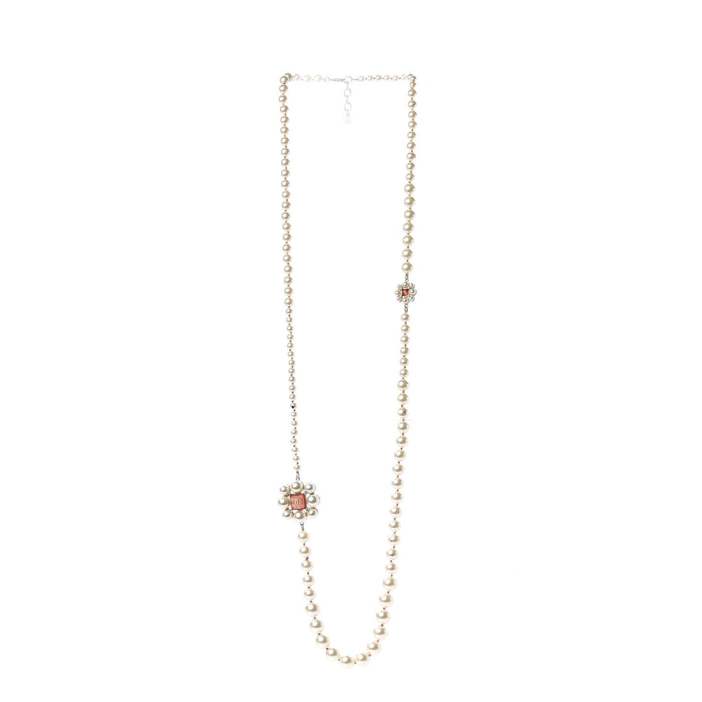 Pearl Crystal Gripoix CC Long Necklace Gold Pearly White Red