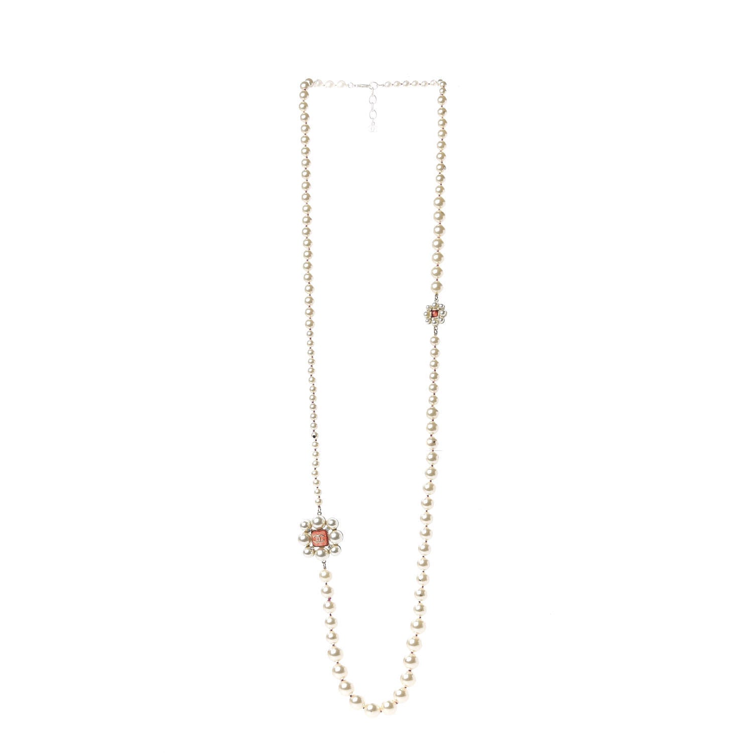 Chanel Pearl Crystal Gripoix CC Long Necklace Gold Pearly White Red 2 of 8