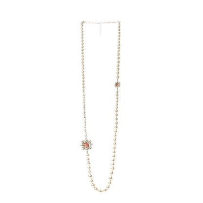 Chanel Pearl Crystal Gripoix CC Long Necklace Gold Pearly White Red 2 of 8