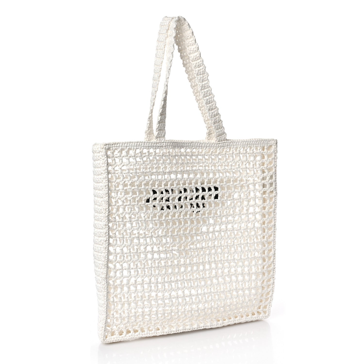Prada Yarn Raffia Effect Crochet Logo Embroidered Tote Bag White 3 of 8