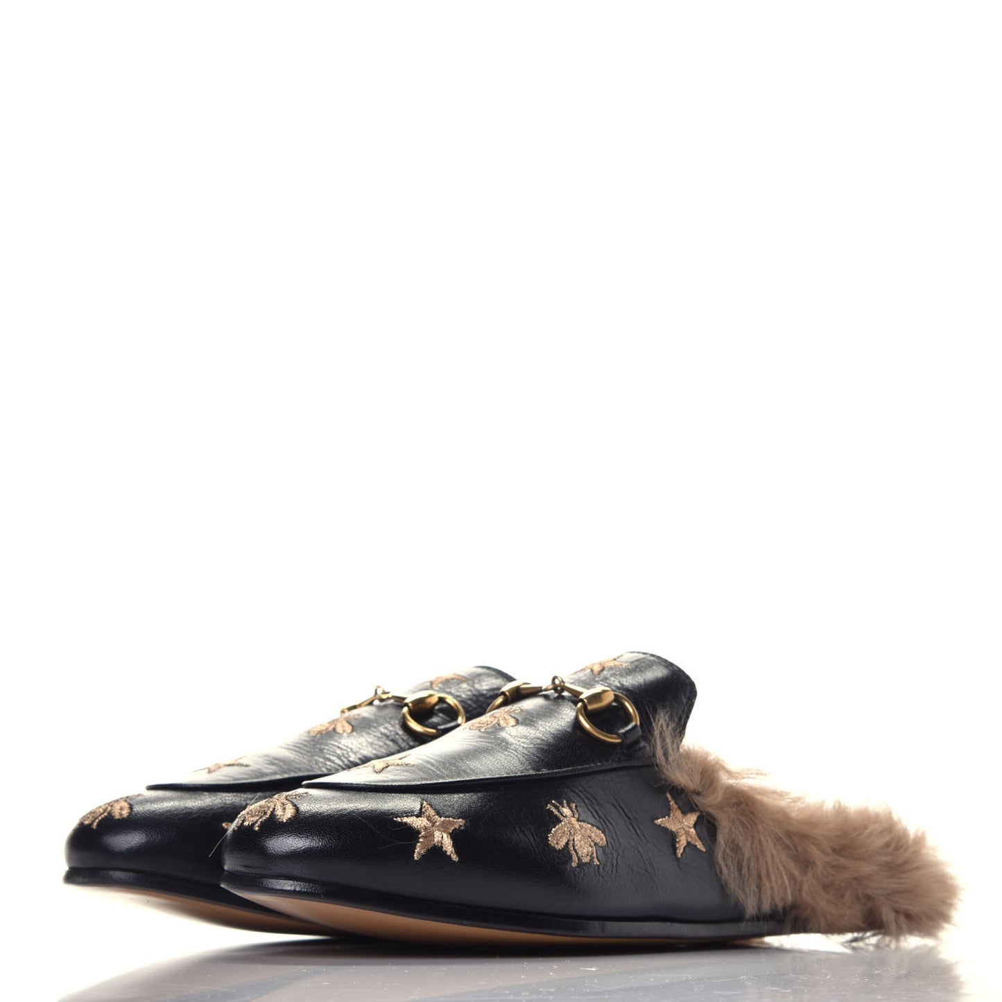 Goatskin Fur Bee Star Embroidered Womens Princetown Slippers 35.5 Black
