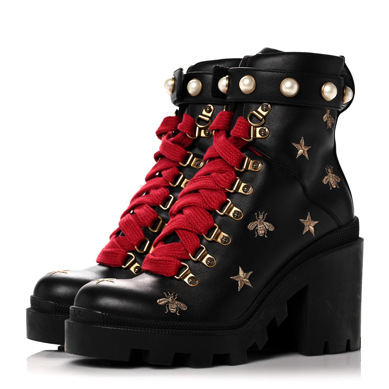 Gucci Calfskin Embroidered Lace Up Combat Ankle Boots 37 Black 3 of 14