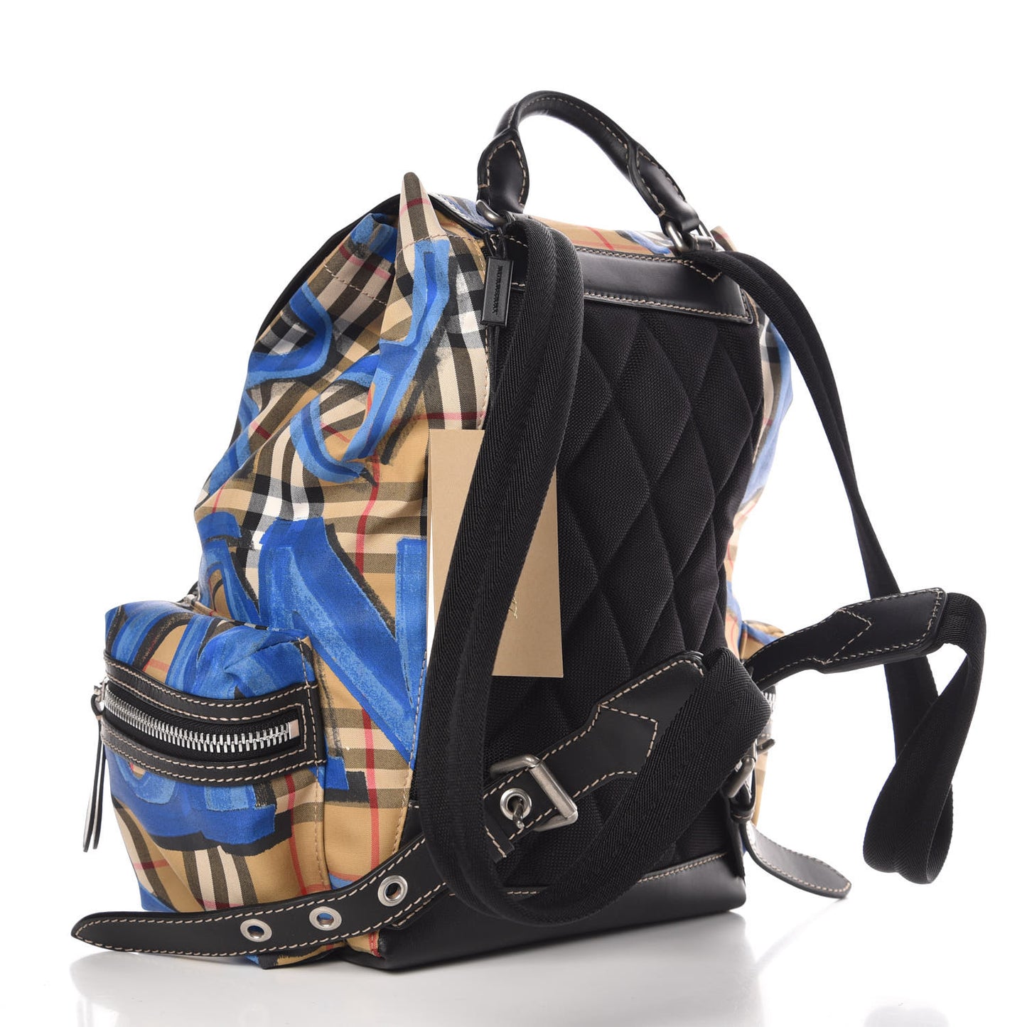 Vintage Check Graffiti Print Medium Rucksack Backpack Blue Antique Yellow