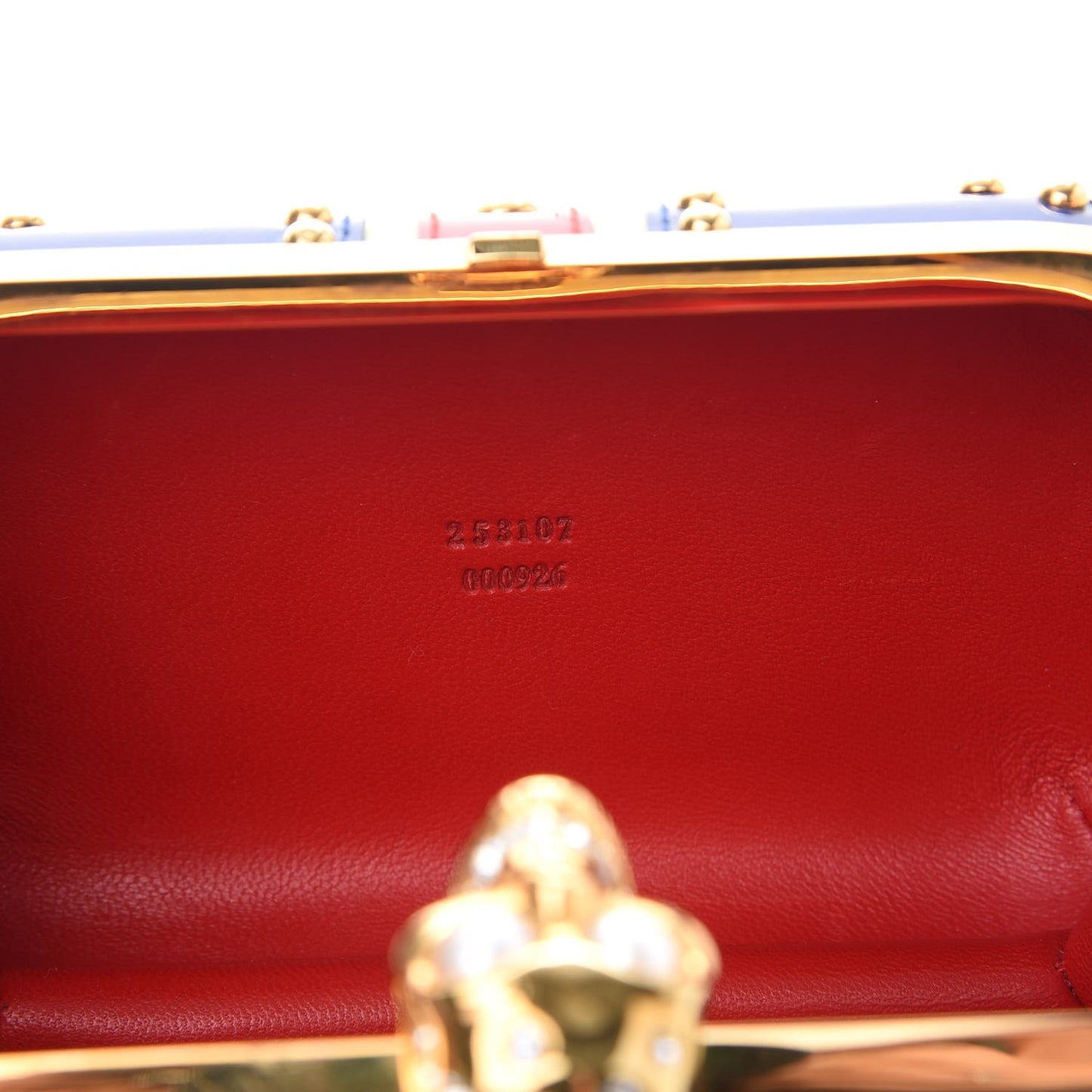 Patent Calfskin Studded Britannia Skull Box Clutch Red Blue