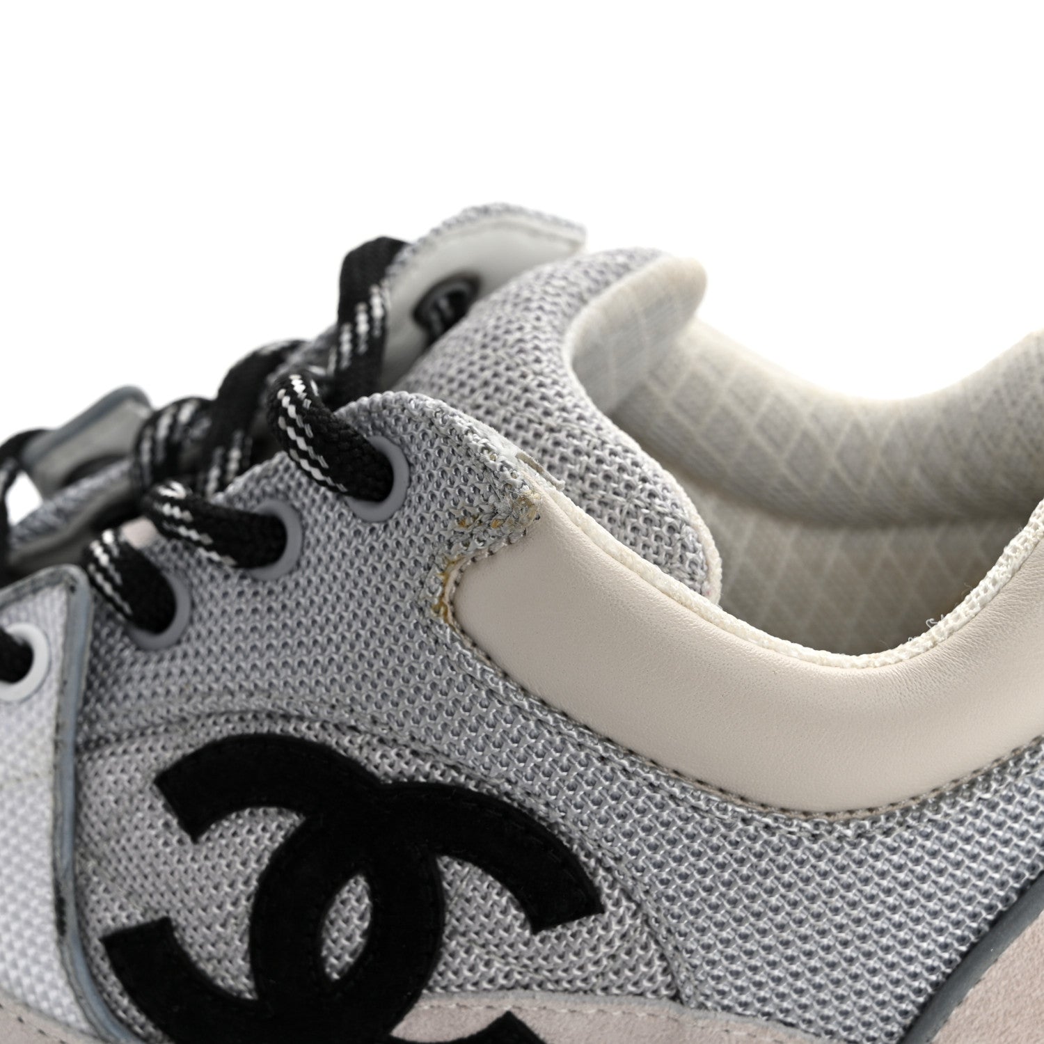 Chanel Mesh Suede Calfskin Grained Calfskin Womens CC Sneakers 38 Grey White 11 of 12