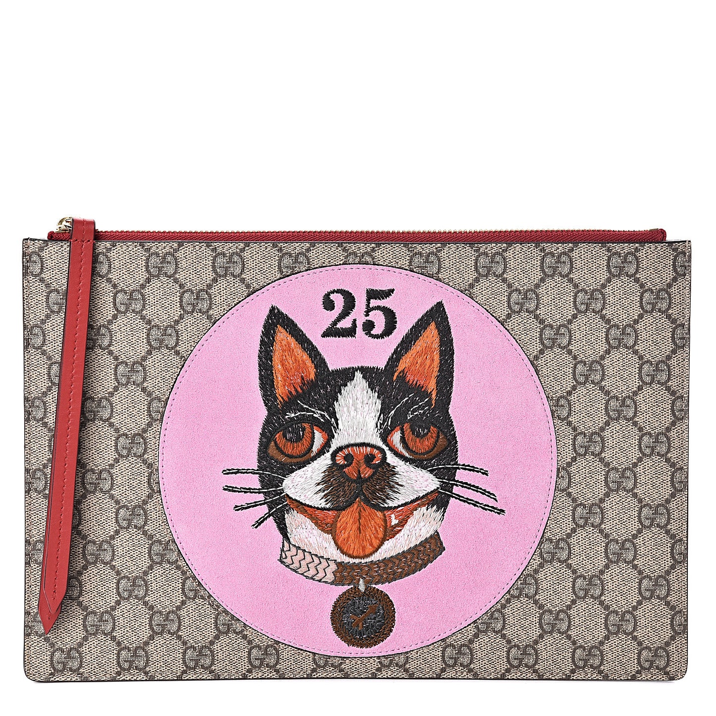 GG Supreme Monogram Bosco Patch Zip Pouch Beige Malva Hibiscus Red