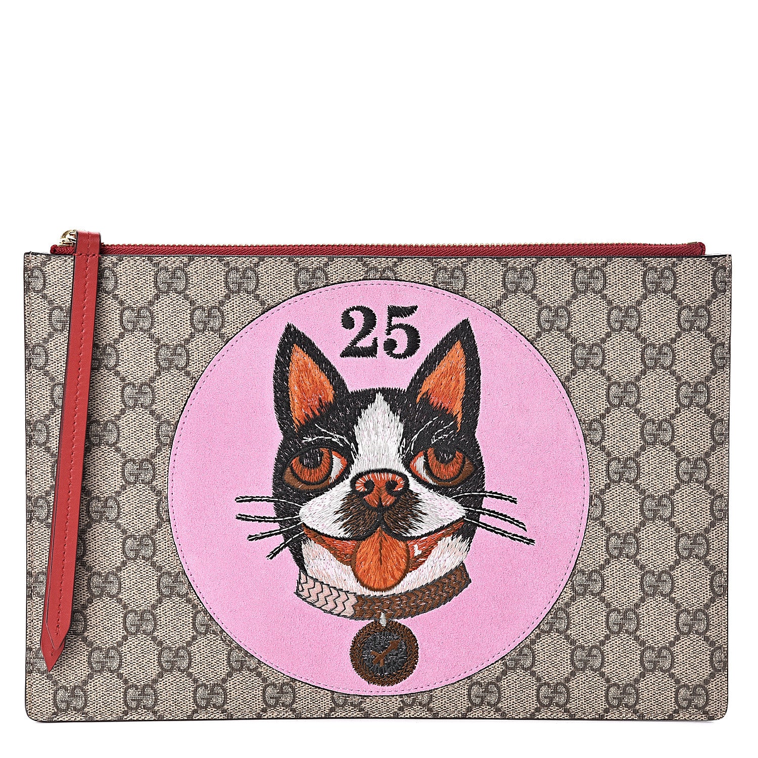 Gucci GG Supreme Monogram Bosco Patch Zip Pouch Beige Malva Hibiscus Red 1 of 8
