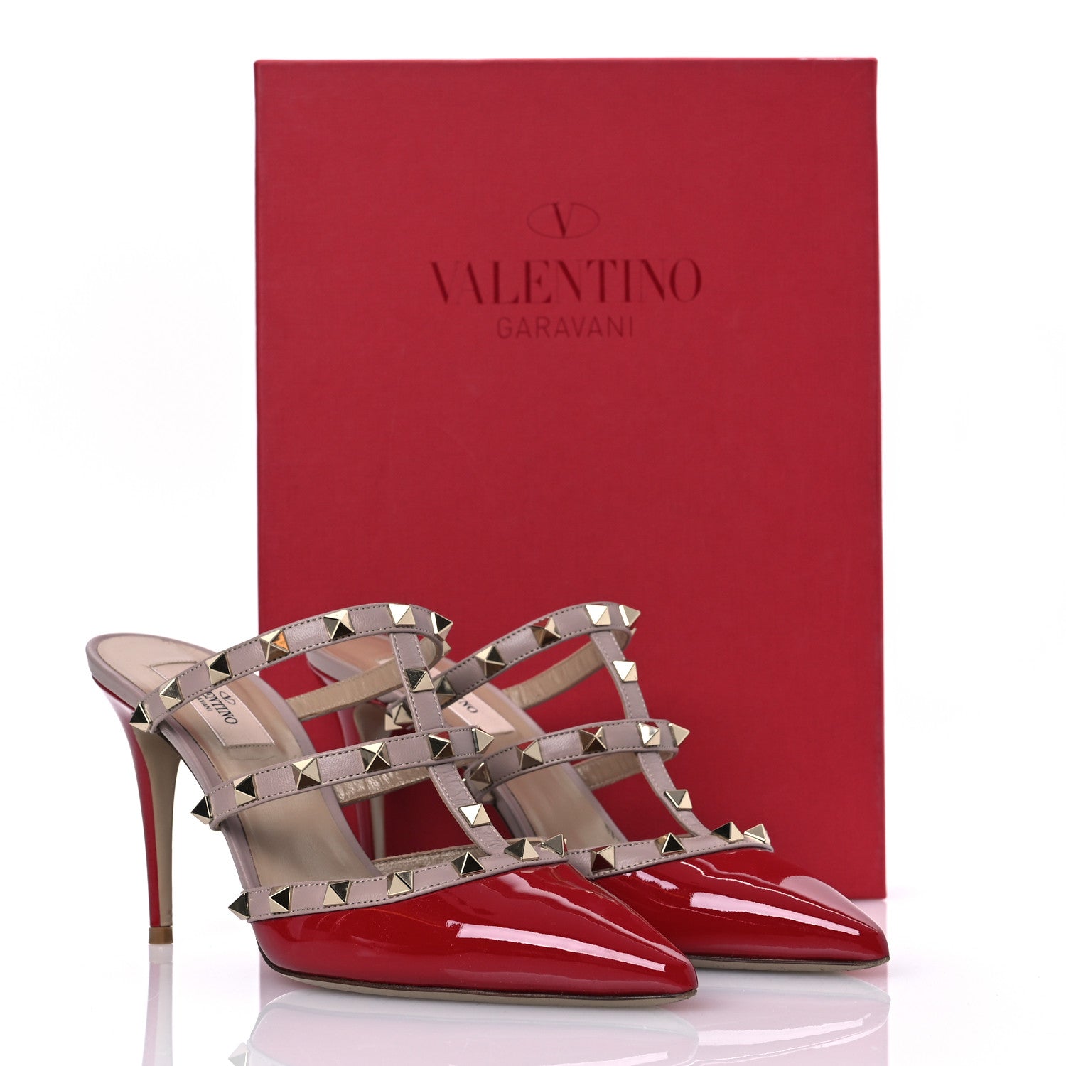 Valentino Garavani Patent Rockstud 90mm Cage Mules 39.5 Rosso Beige 14 of 14