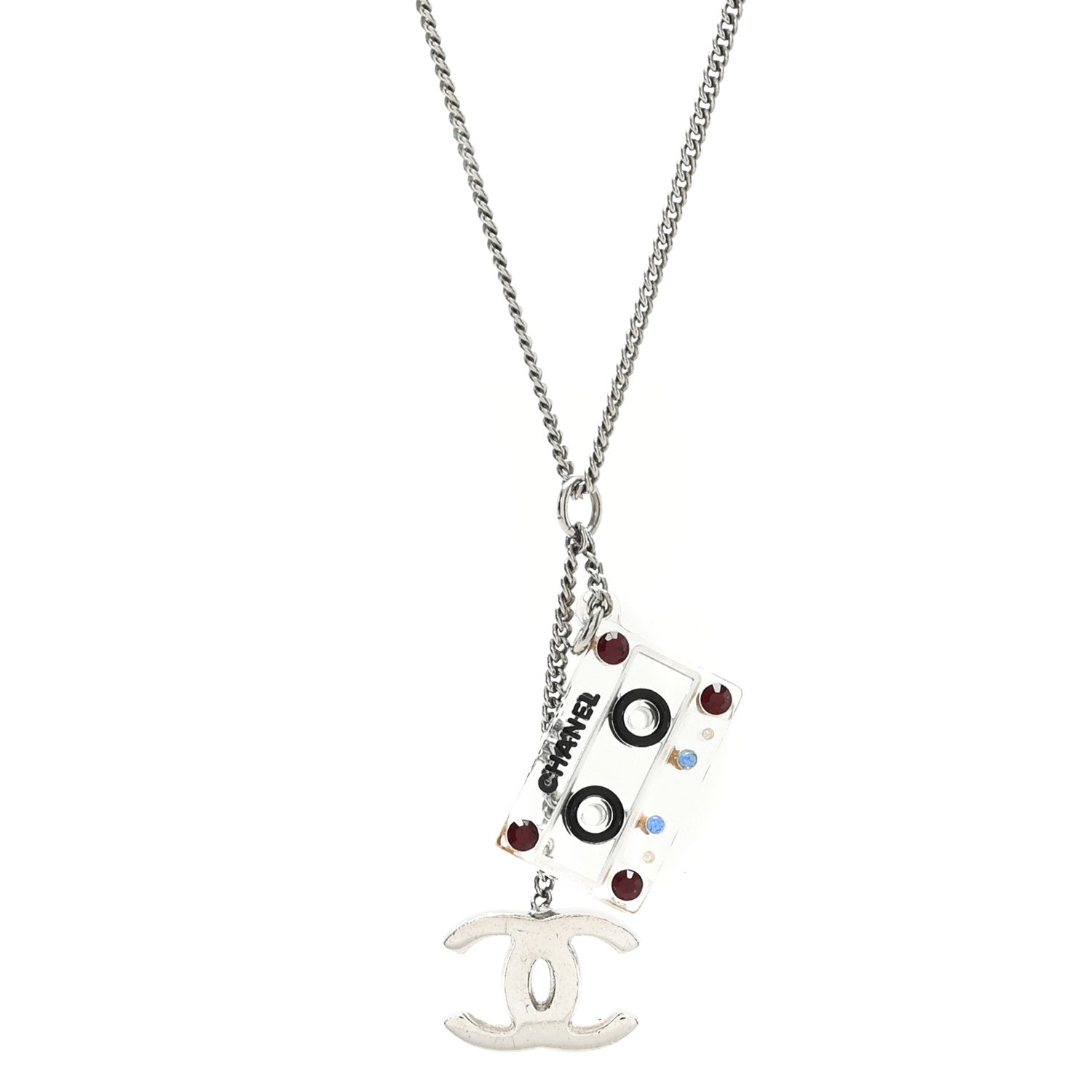 Chanel Metal Resin Cassette CC Charm Necklace Silver Black 1 of 4