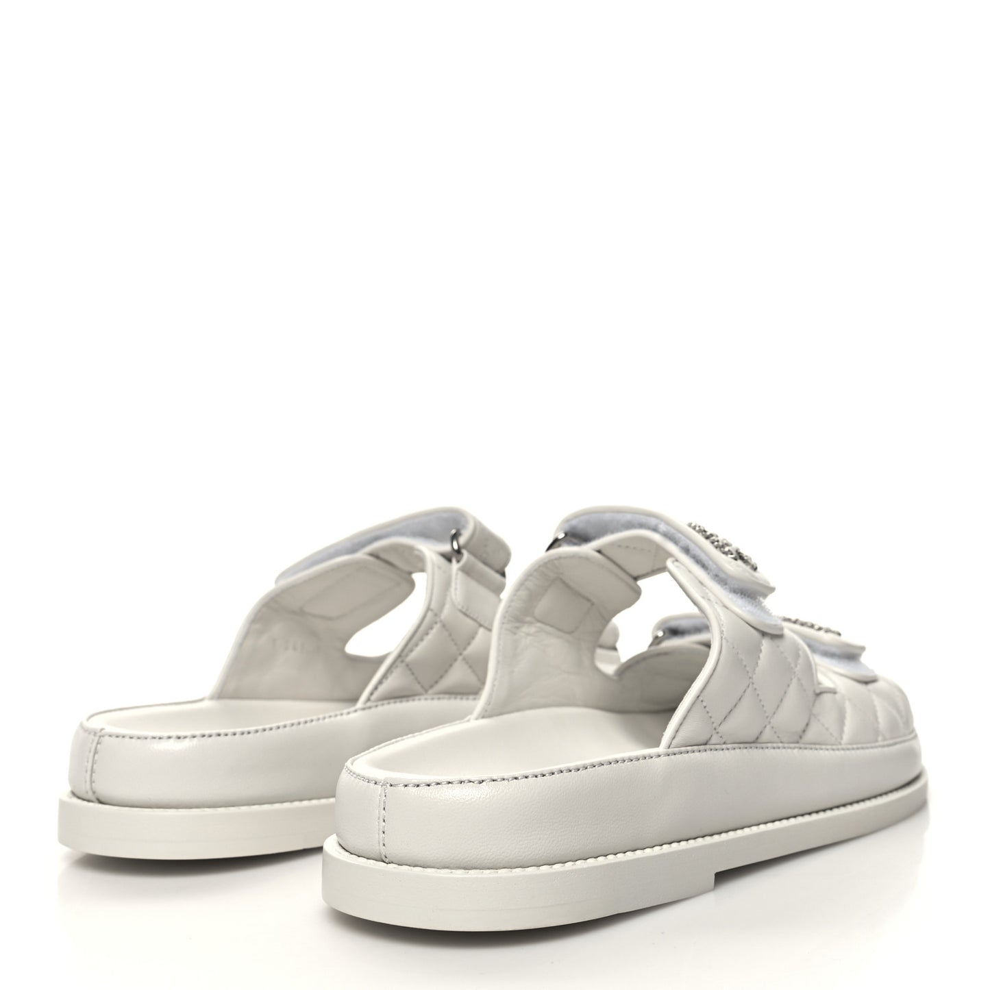 Lambskin Quilted Velcro Dad Chain CC Slide Sandals 38 White