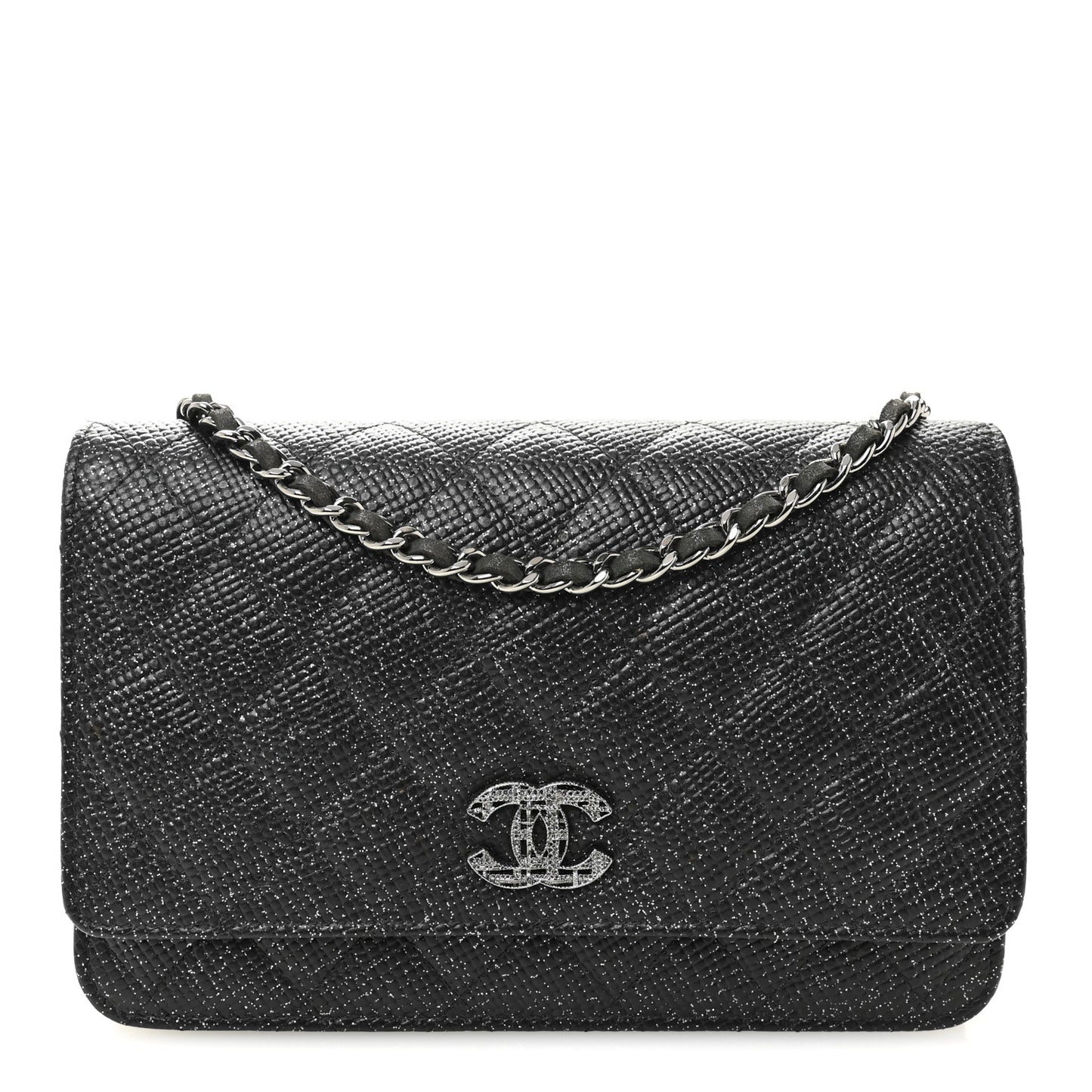 Glitter Calfskin Quilted Wallet on Chain WOC Black