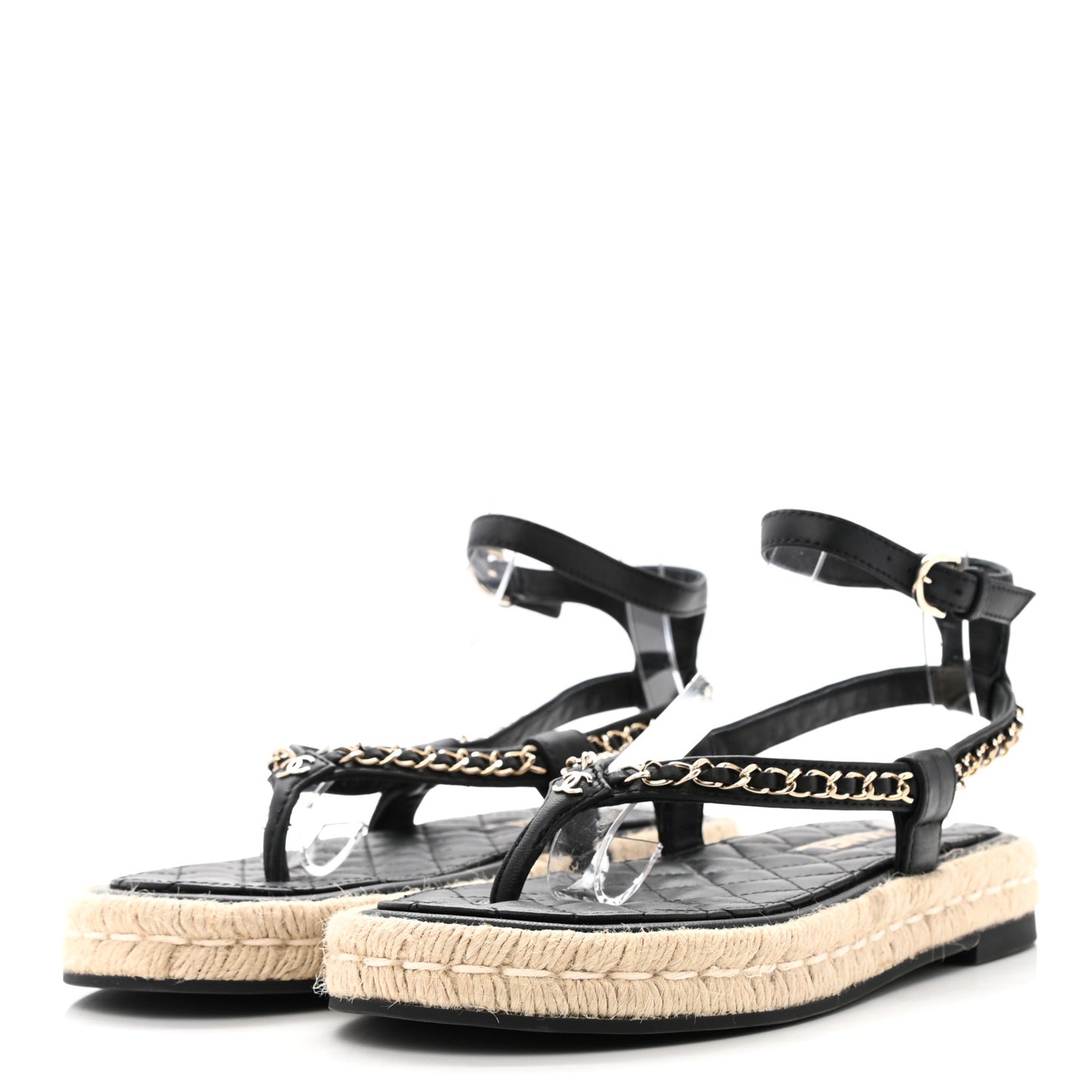 Lambskin Chain CC Thong Espadrille Sandals 39 Black