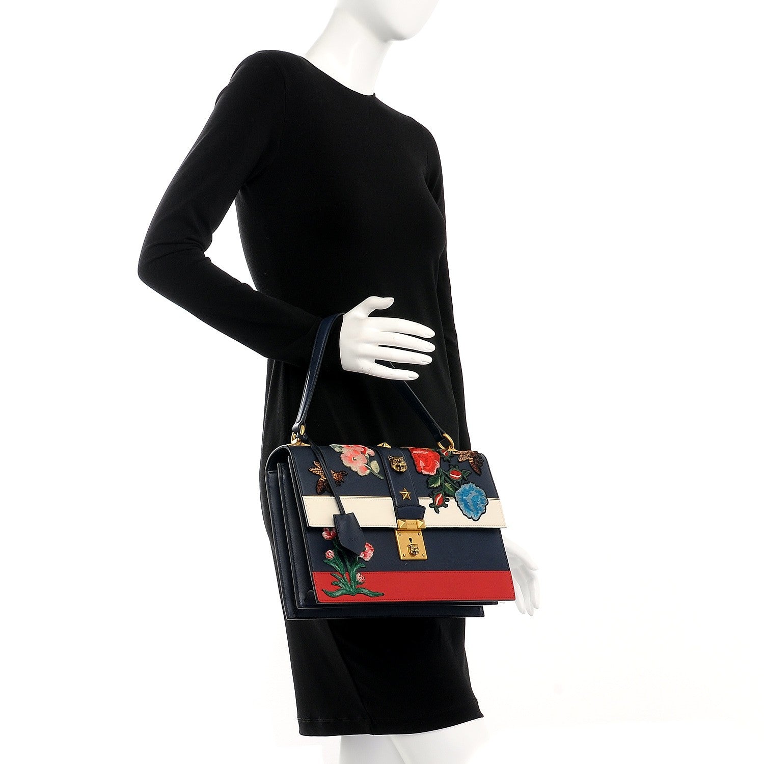 Gucci Calfskin Embroidered Riche Stripe Shoulder Bag Blue Red 2 of 10