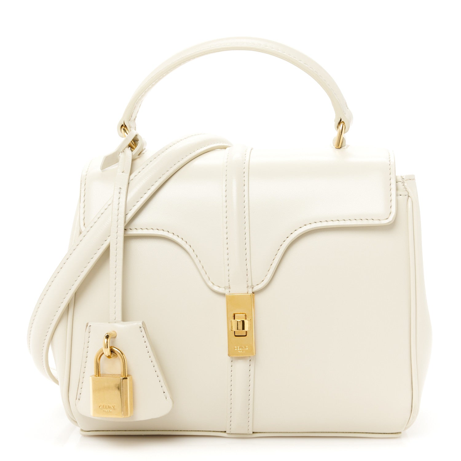 CELINE ケース ホワイト/ベージュ Celine Satinated Calfskin Mini 16 Top Handle Bag White Cotton