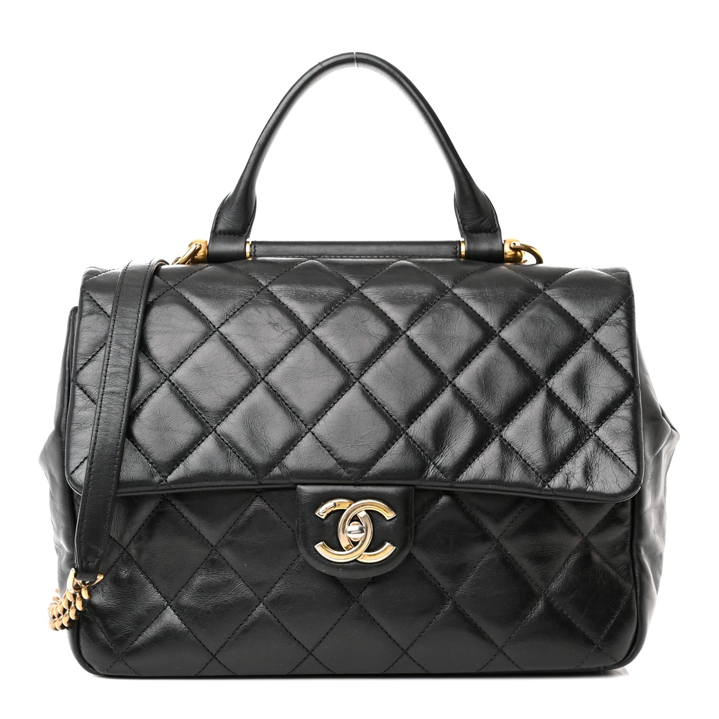 Calfskin Quilted Large Gold Bar Top Handle Flap Black