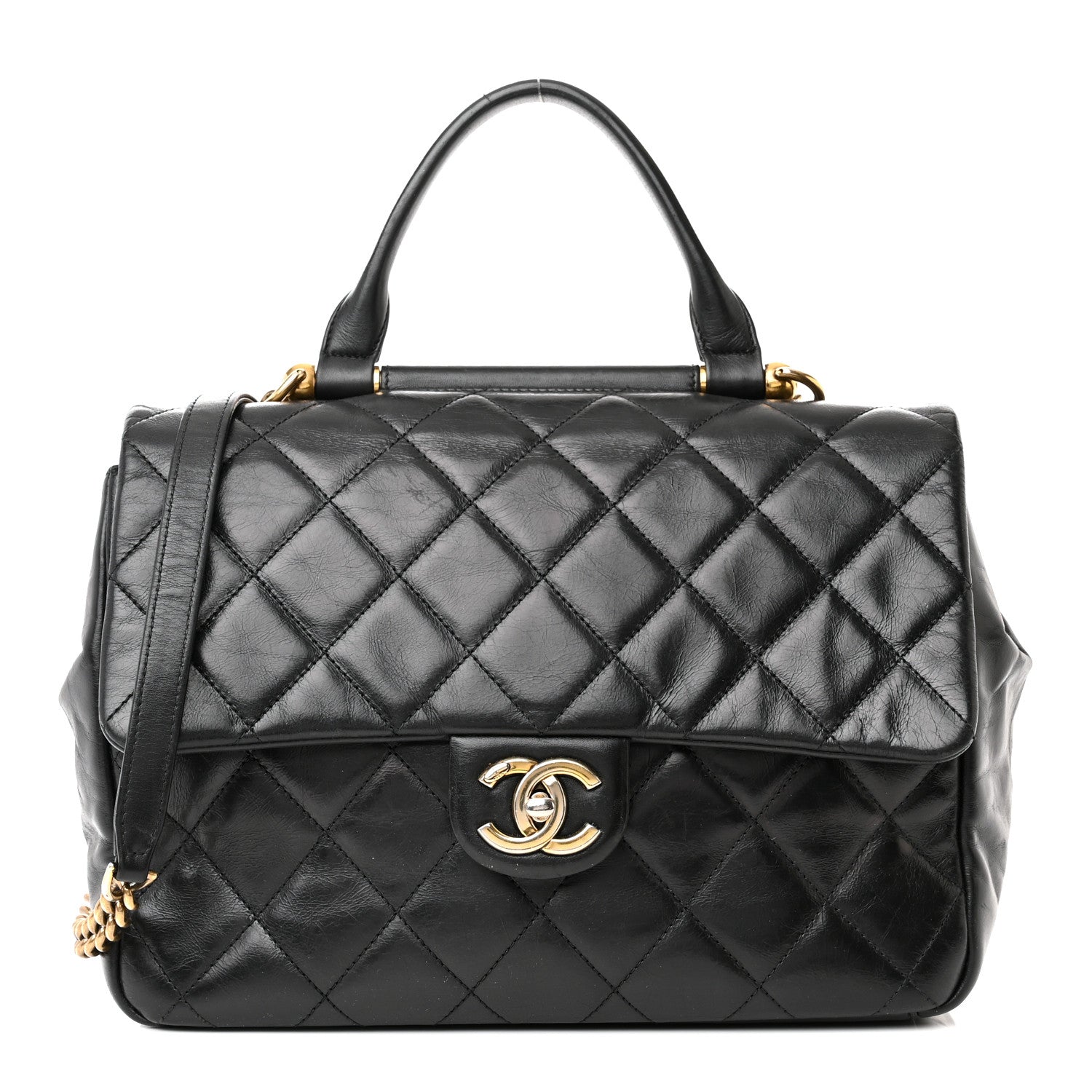 Chanel Calfskin Quilted Large Gold Bar Top Handle Flap Black 1 of 14