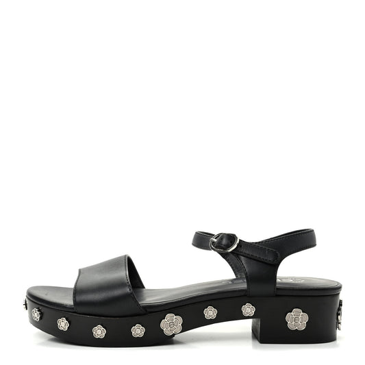 Calfskin Camellia Platform Sandals 39 Black