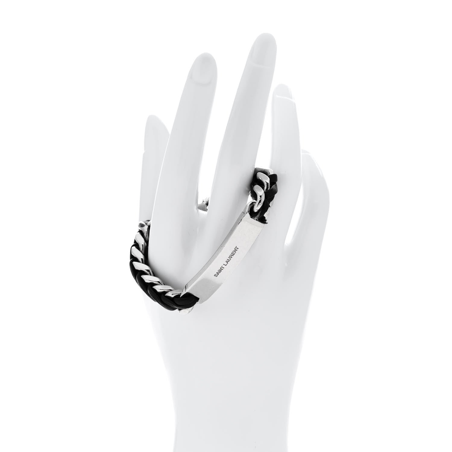 Saint Laurent Metal Leather Curb Chain Bracelet Oxidized Silver Black 2 of 6