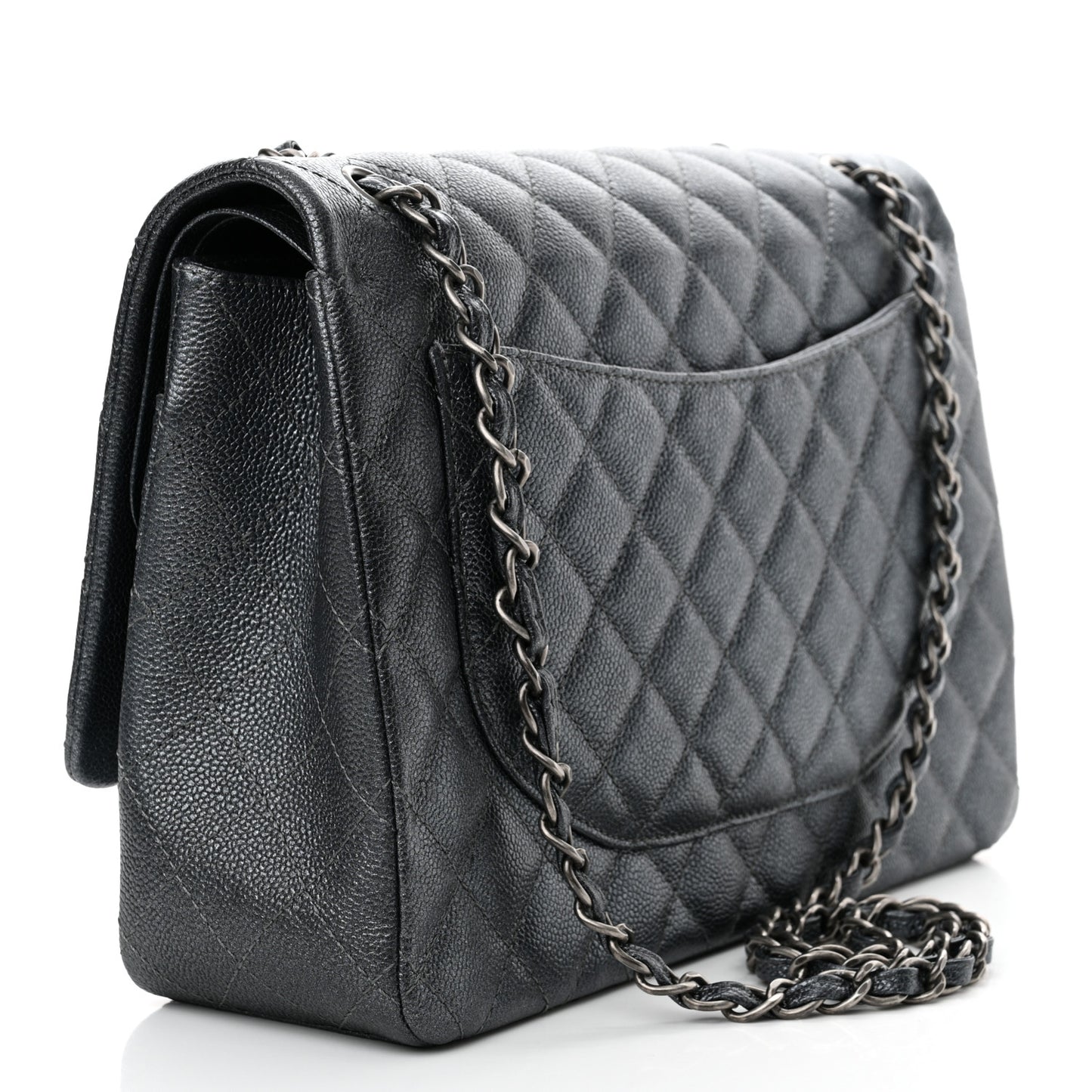 Metallic Caviar Quilted Maxi Double Flap Charcoal