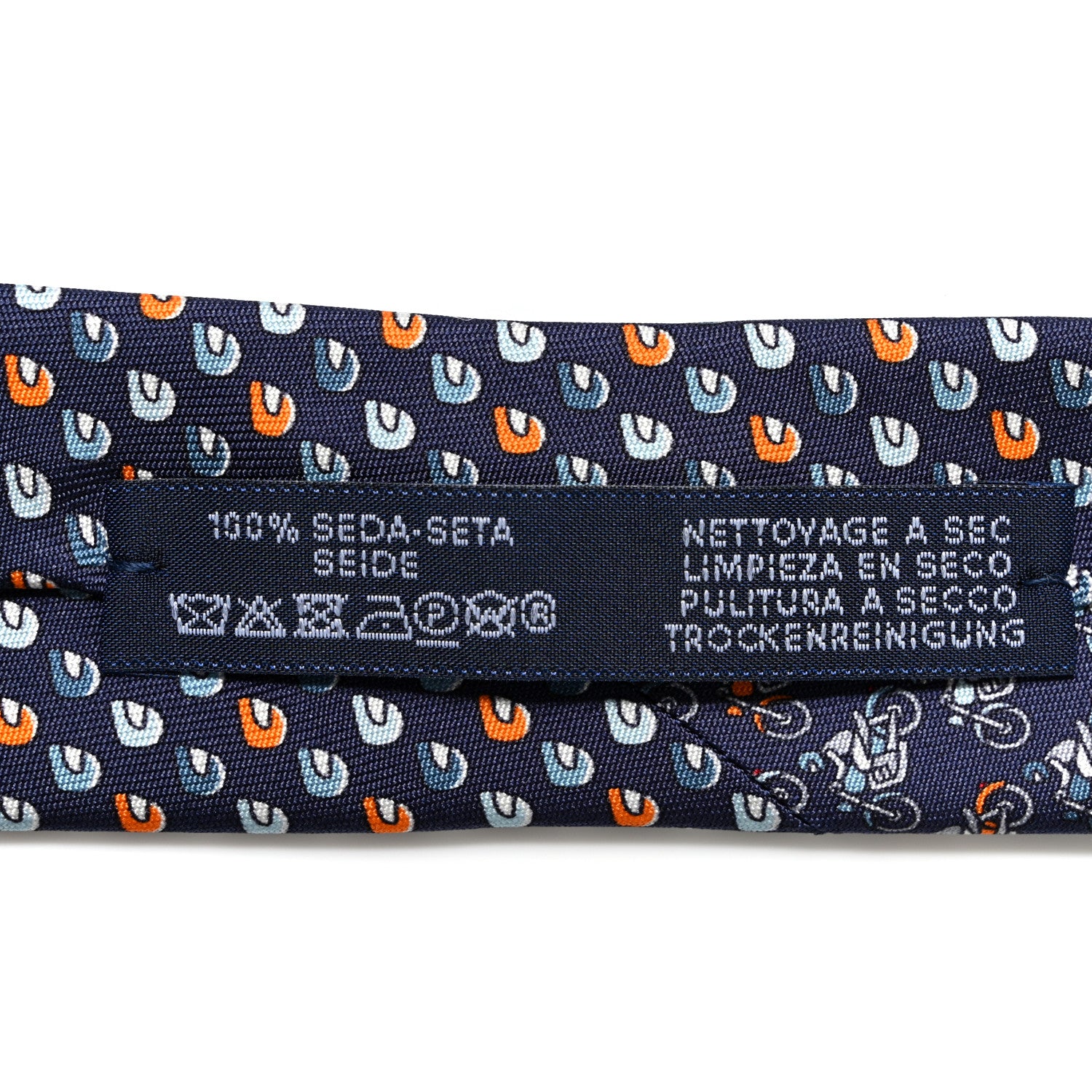 Hermes Printed Silk Mens Cavaliere Neck Tie Bleu Ardoise Orange 6 of 6