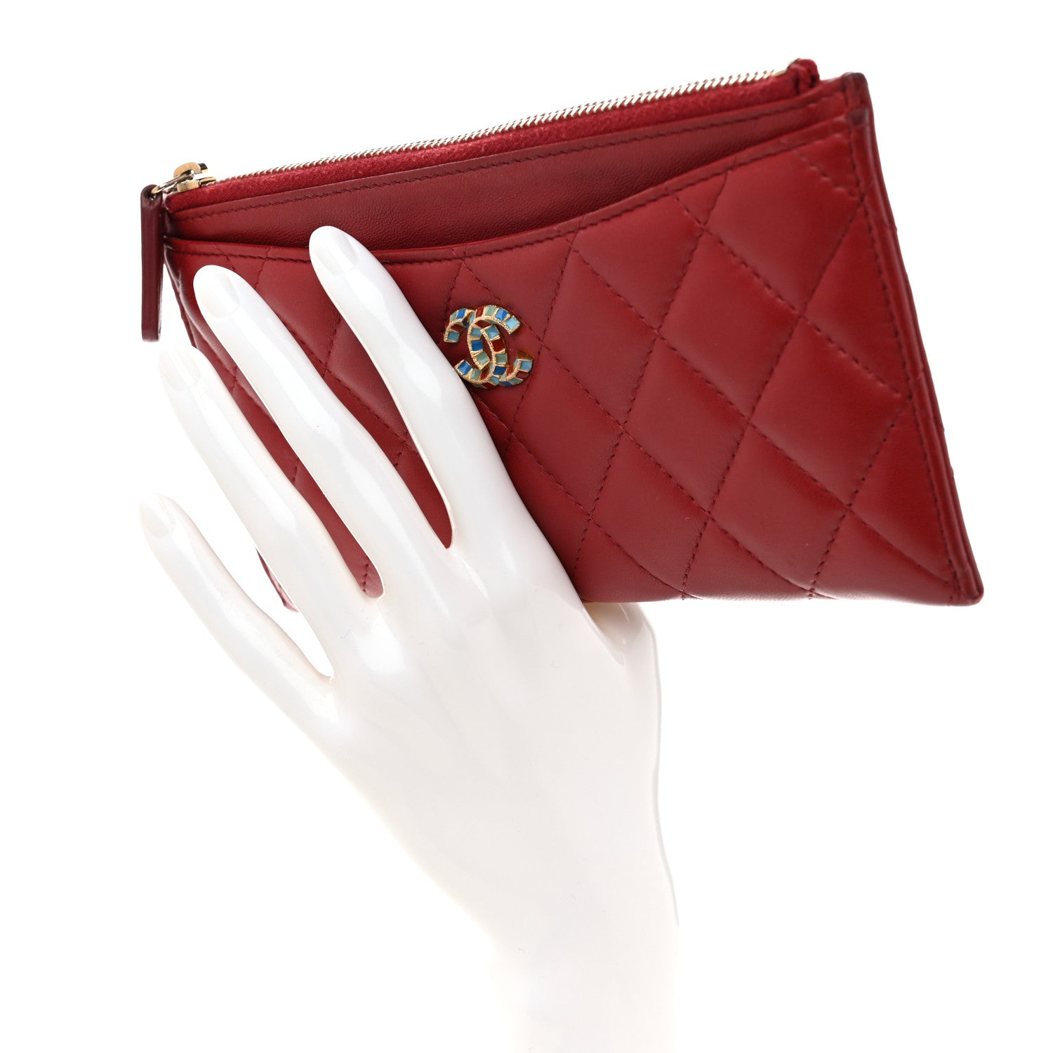 Chanel Lambskin Enamel Quilted Classic Zip Pouch Red 1795932