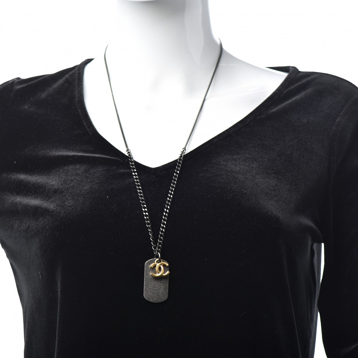 Chanel Ruthenium ID Dog Tag Charm Necklace Silver Gold 2 of 5