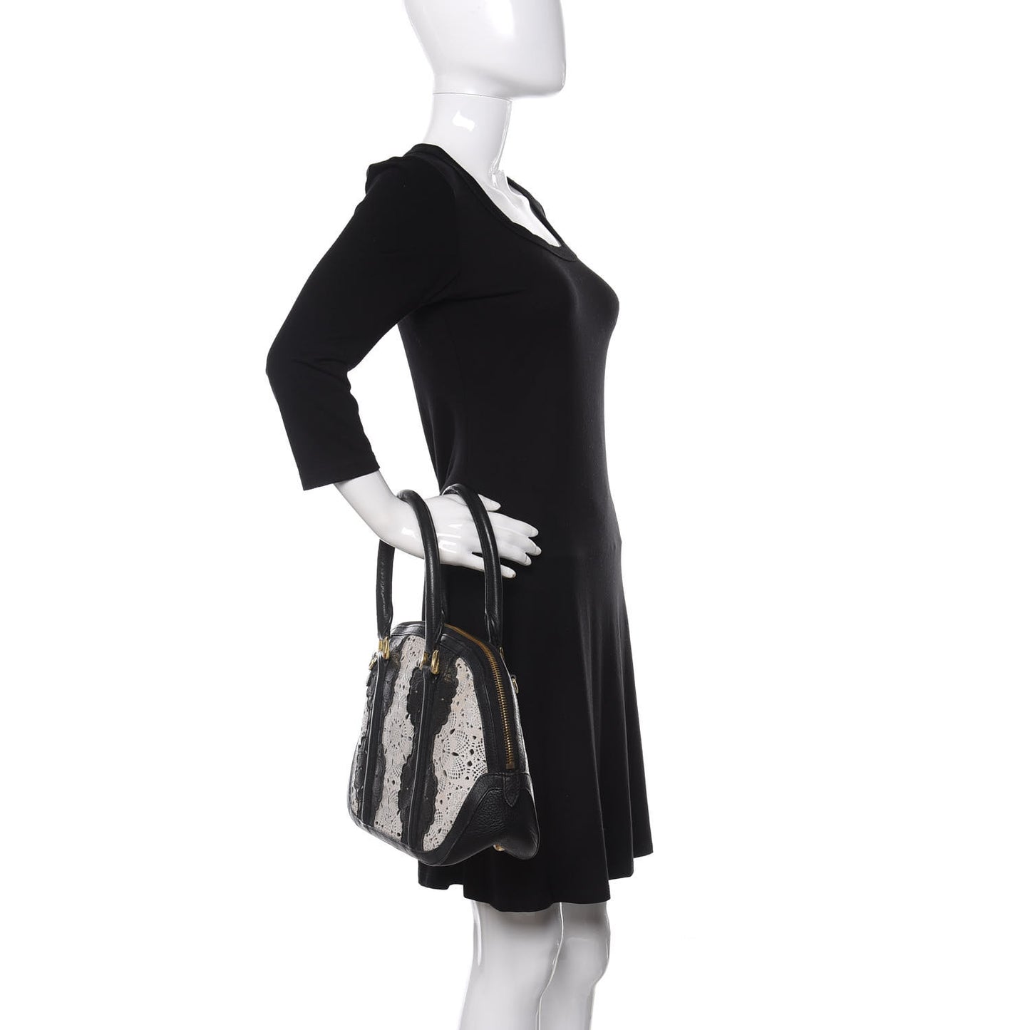 Calfskin Laser Cut Lace Small Orchard Bowling Bag Black White