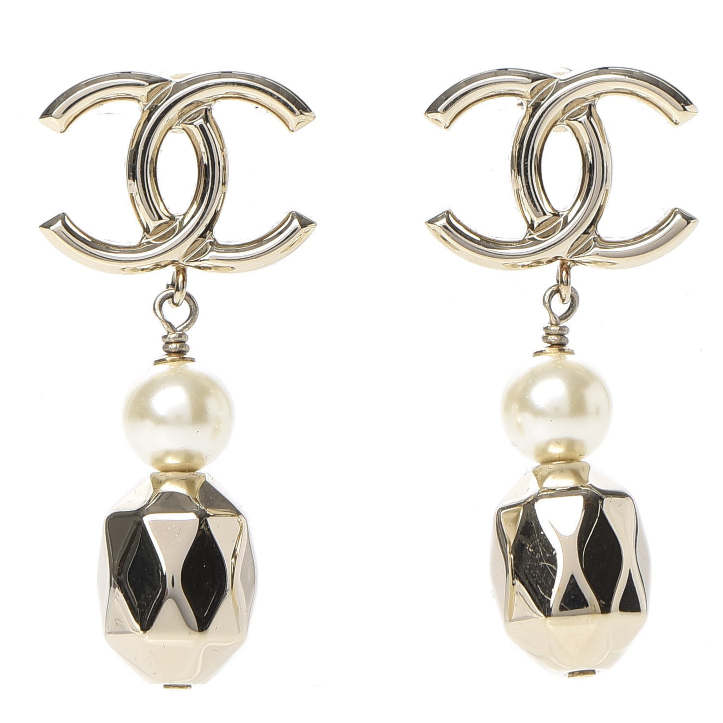 Metal Bead Pearl CC Drop Earrings Golden Pearly White
