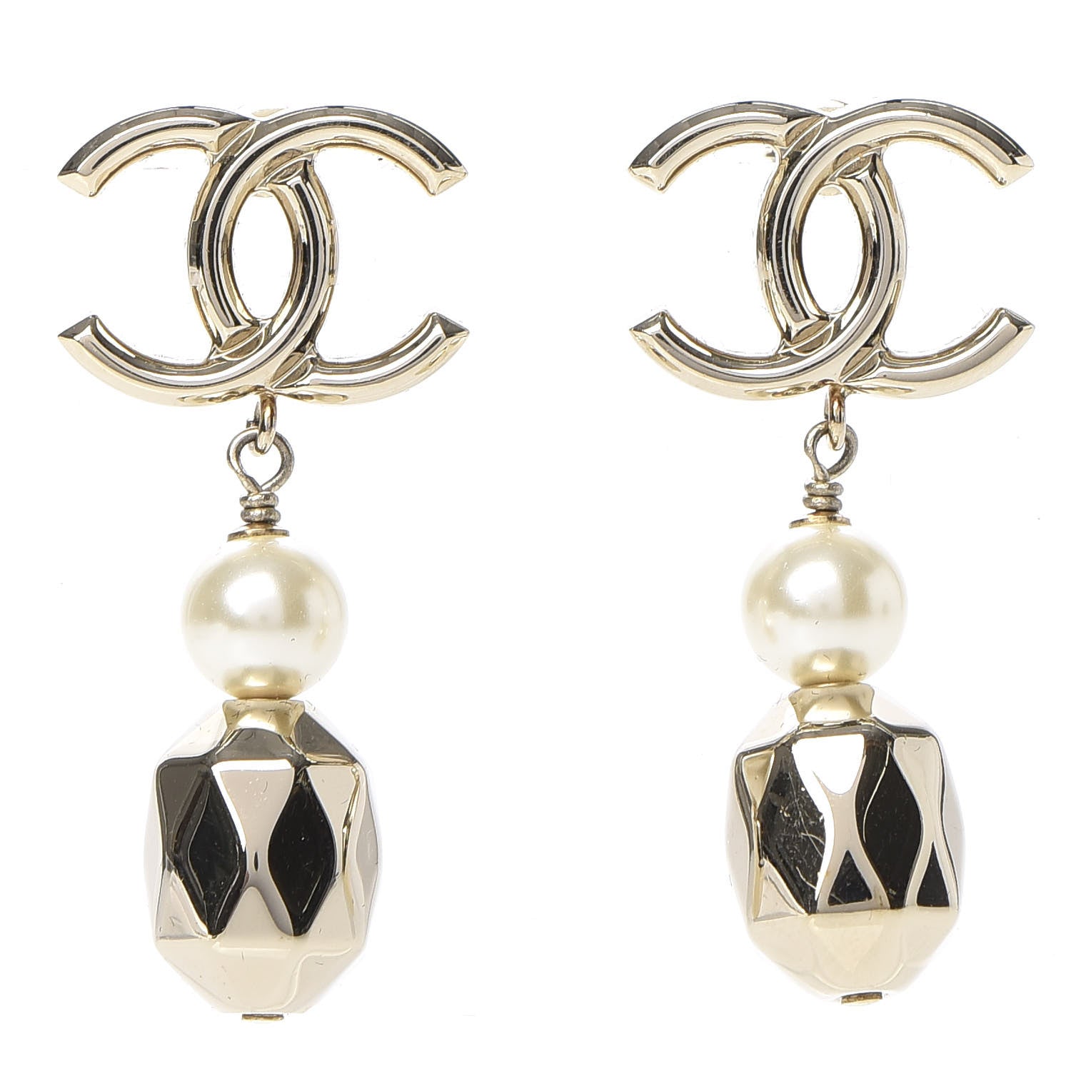 Chanel Metal Bead Pearl CC Drop Earrings Golden Pearly White 1 of 4