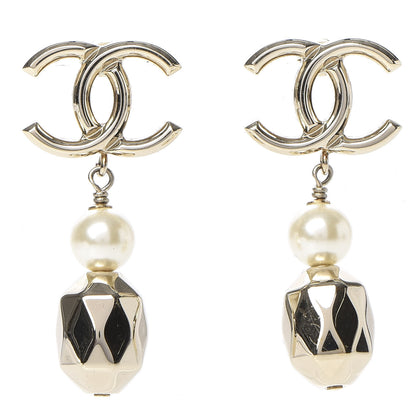 Chanel Metal Bead Pearl CC Drop Earrings Golden Pearly White 1 of 4