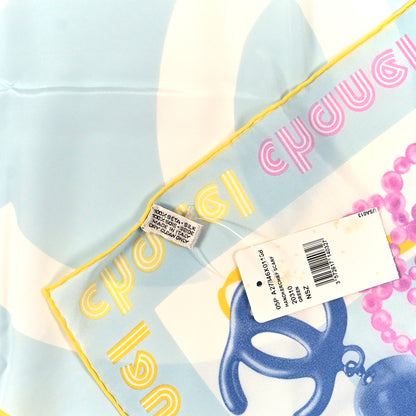 Chanel Silk CC Pearl Clover Scarf Blue Yellow Pink 3 of 3