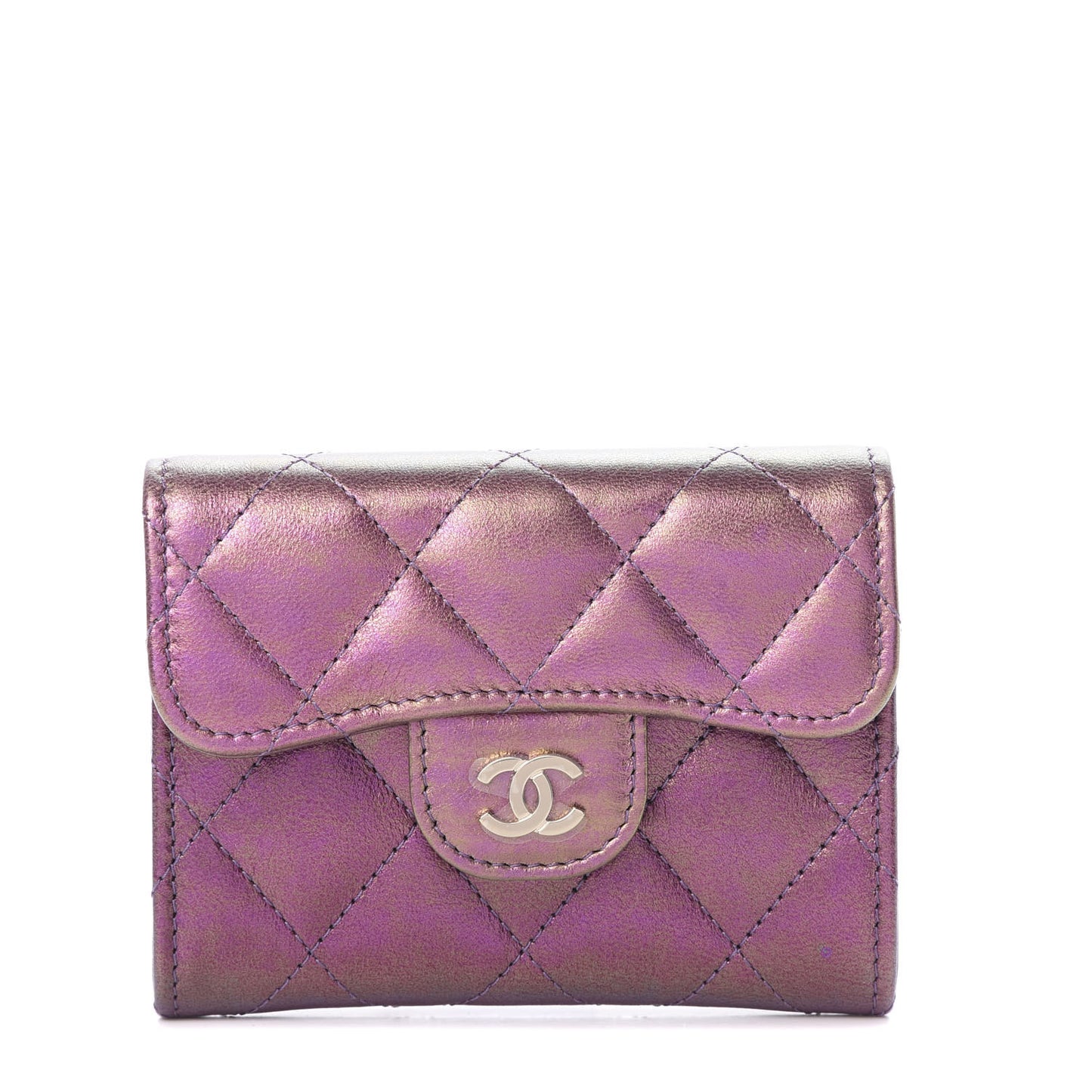 Iridescent Lambskin Quilted Flap Card Holder Purple