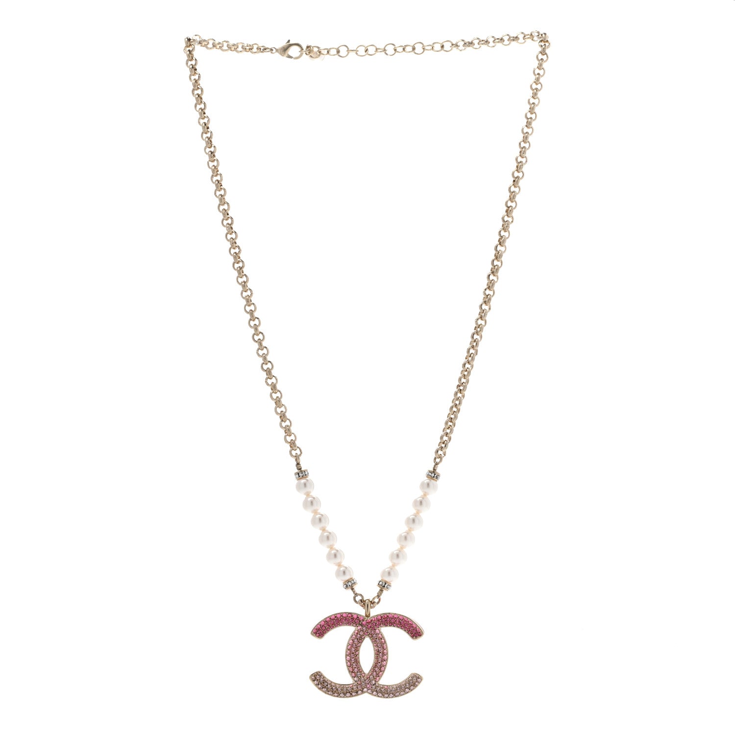 Chanel Pearl Crystal Resin CC Reversible Necklace Pink Gold White 3 of 7