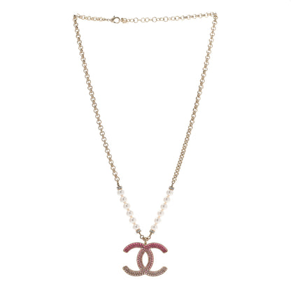 Chanel Pearl Crystal Resin CC Reversible Necklace Pink Gold White 3 of 7