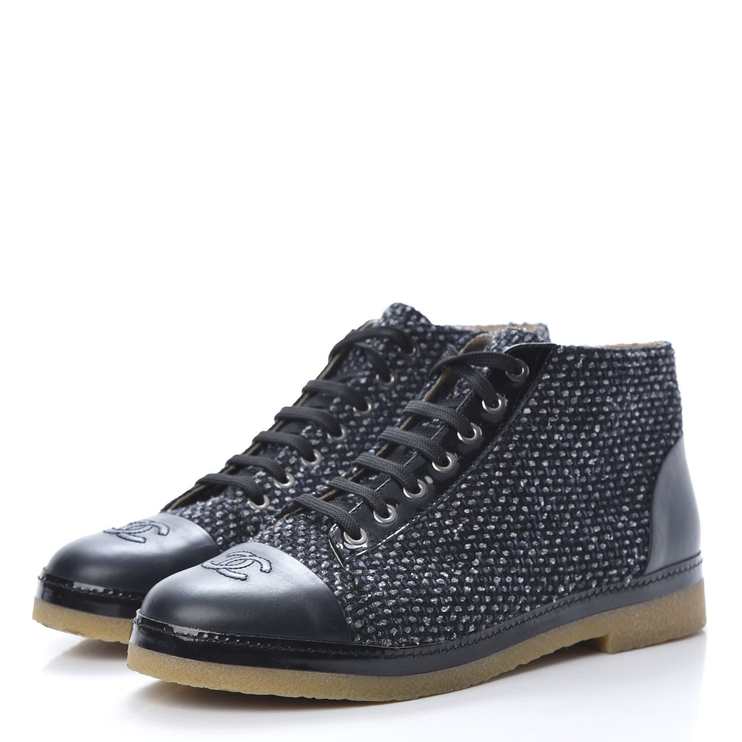 Chanel Tweed Calfskin Patent CC Lace Up Short Boots 41 Black Grey Dark Navy 3 of 9