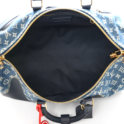 Louis Vuitton X NIGO Taurillon Monogram Denim Drip Keepall Bandouliere 50 Blue 7 of 9