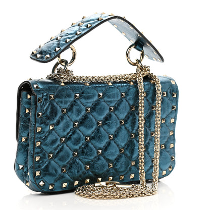 Valentino Garavani Metallic Wrinkled Lambskin Small Rockstud Spike Shoulder Bag Peacock 3 of 10
