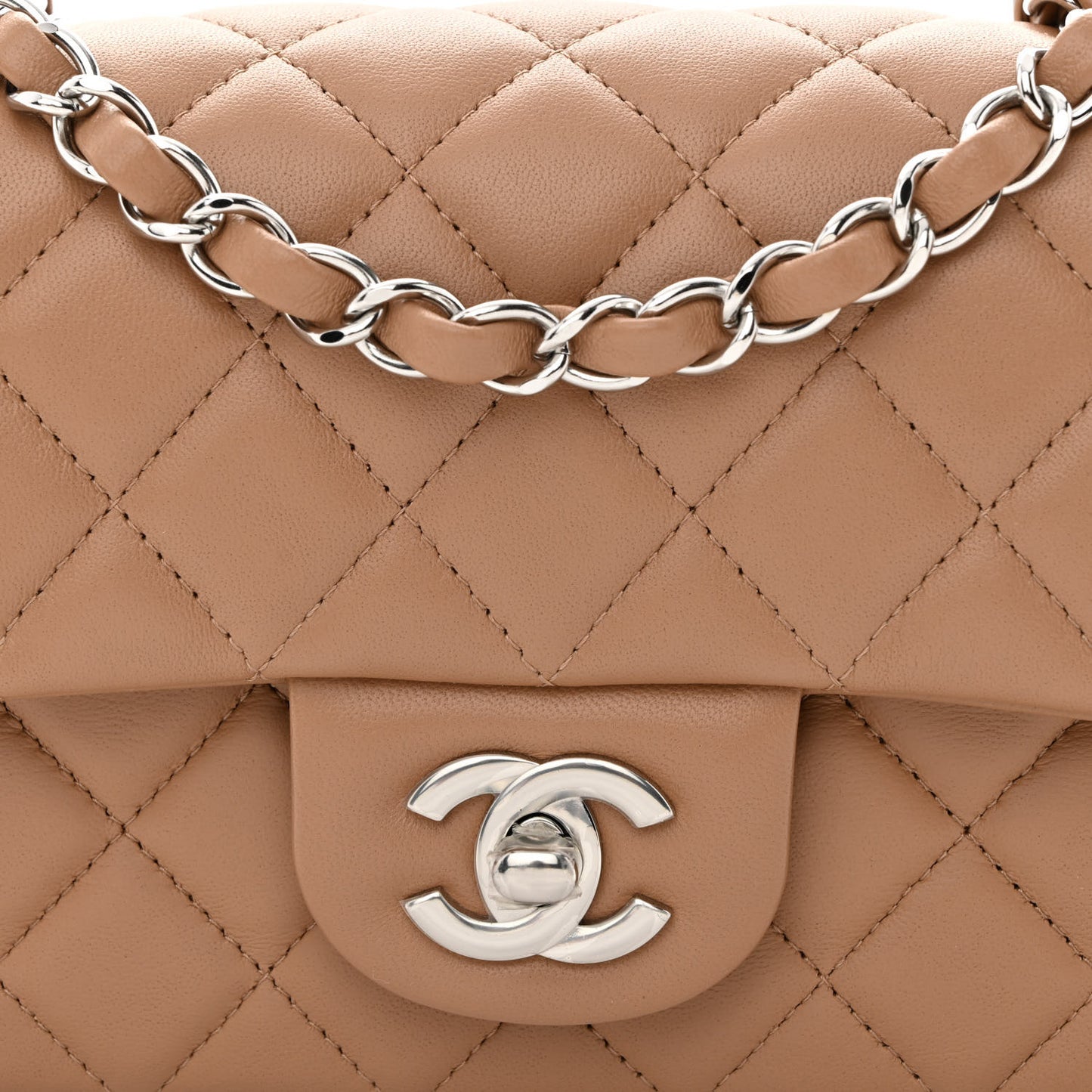 Lambskin Quilted Mini Rectangular Flap Dark Beige