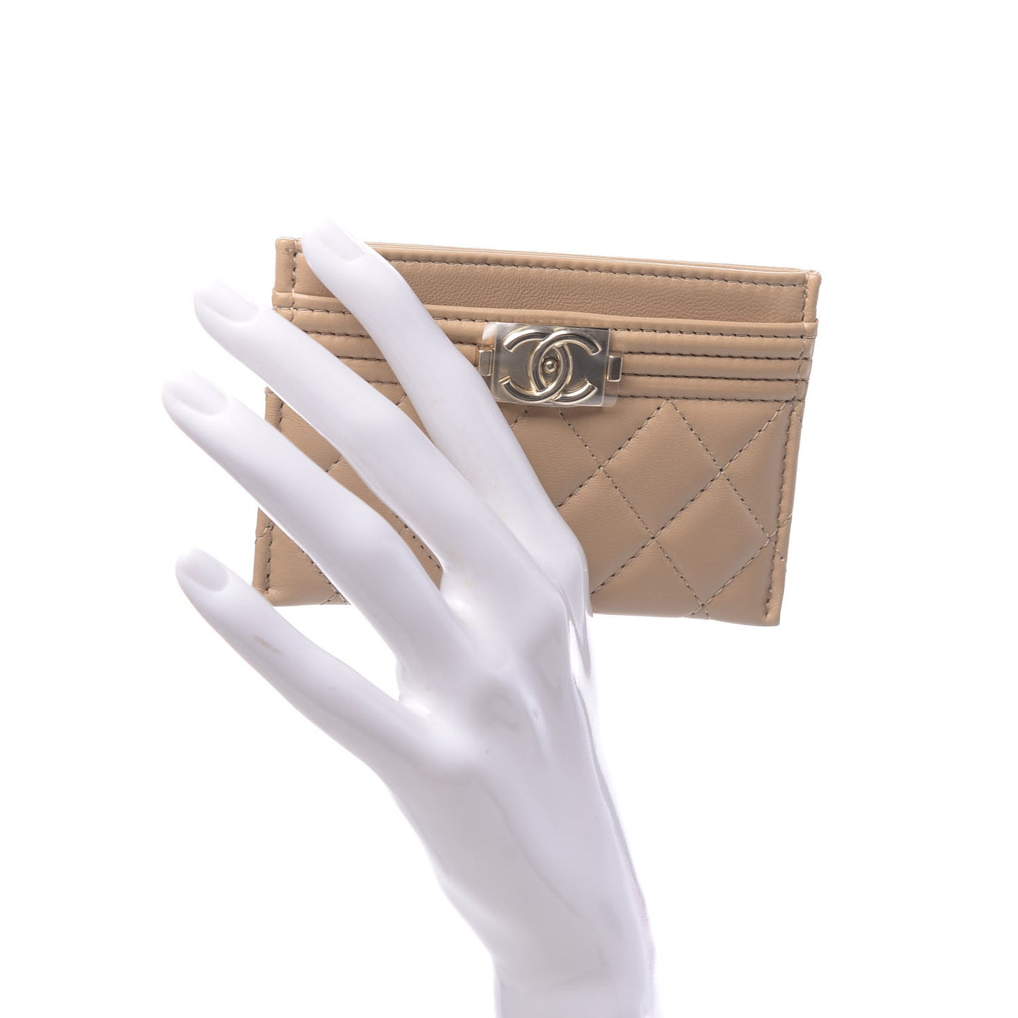 Lambskin Quilted Boy Card Holder Beige