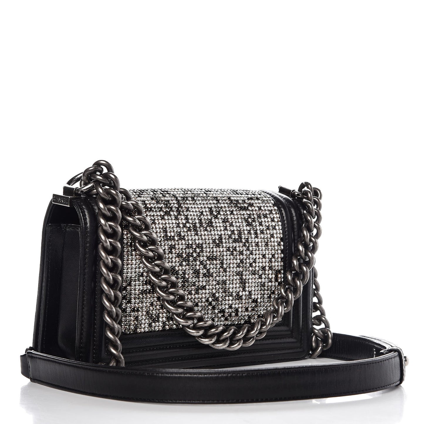 Calfskin Crystal Studded Small Studded Boy Flap Black