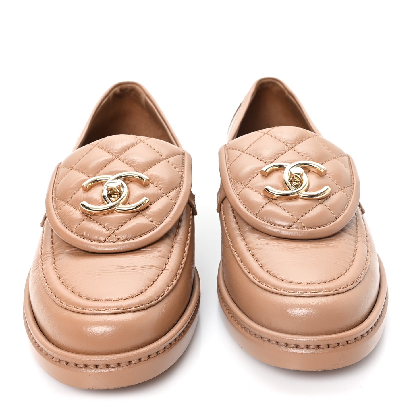 Crumpled Lambskin Quilted CC Turnlock Moccasins 35.5 Dark Beige