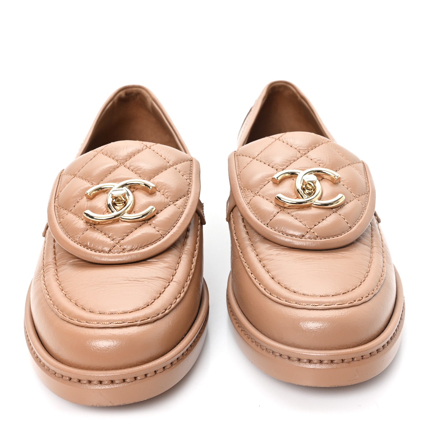 Chanel Crumpled Lambskin Quilted CC Turnlock Moccasins 35.5 Dark Beige 3 of 10