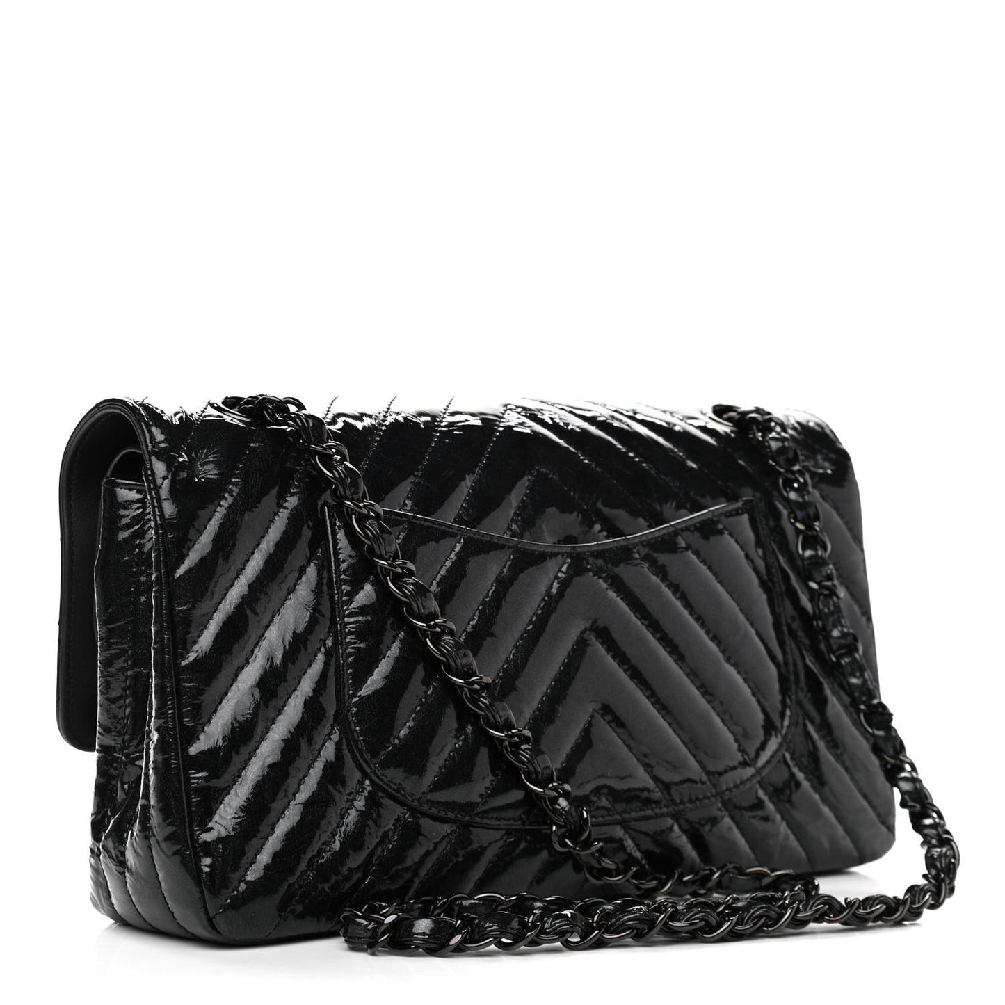 Metallic Patent Crumpled Calfskin Chevron Quilted Medium Double Flap So Black