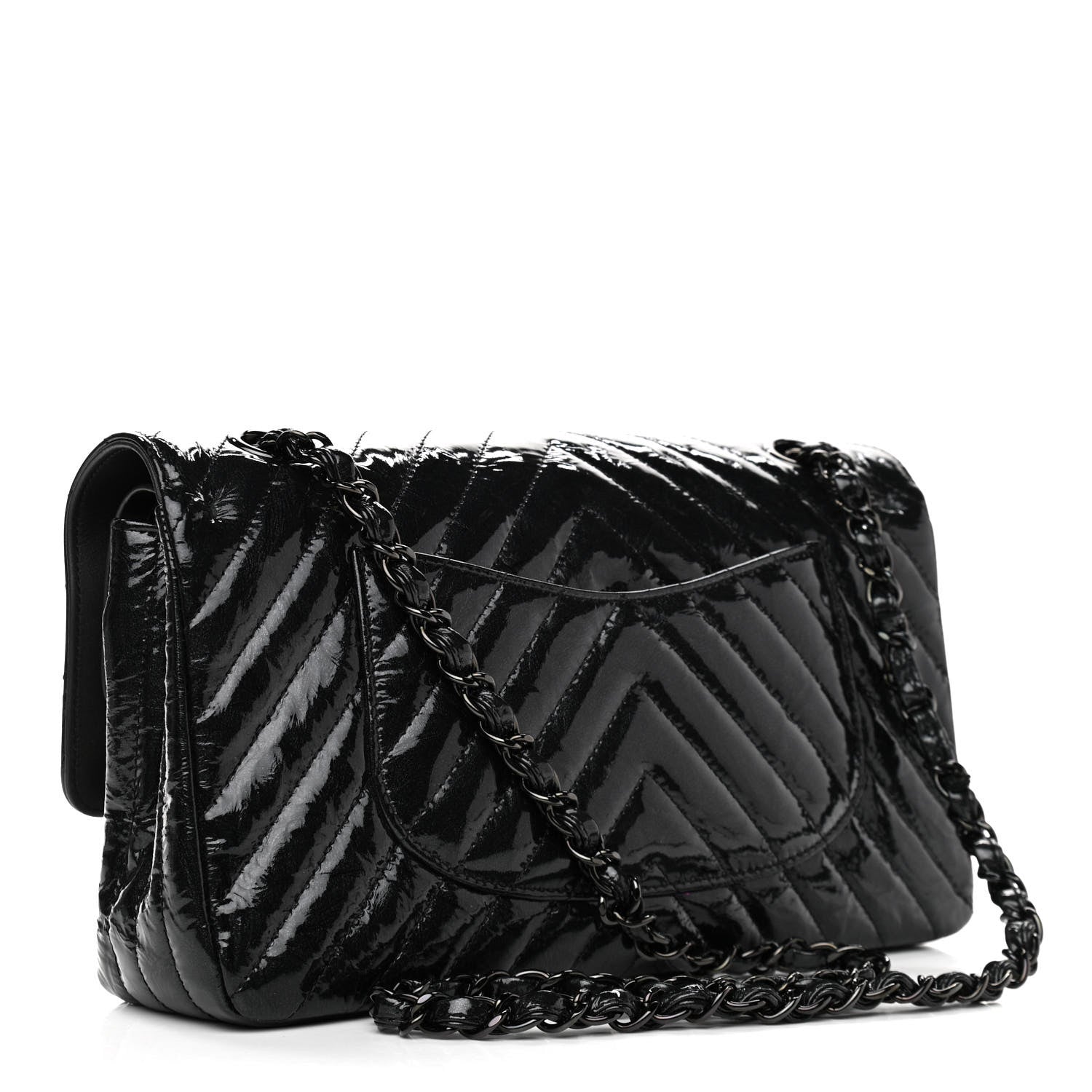 Chanel Metallic Patent Crumpled Calfskin Chevron Quilted Medium Double Flap So Black 3 of 11