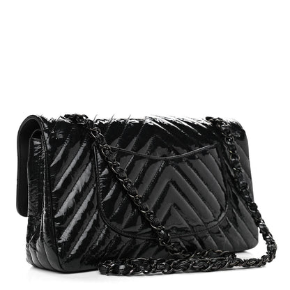 Chanel Metallic Patent Crumpled Calfskin Chevron Quilted Medium Double Flap So Black 3 of 11