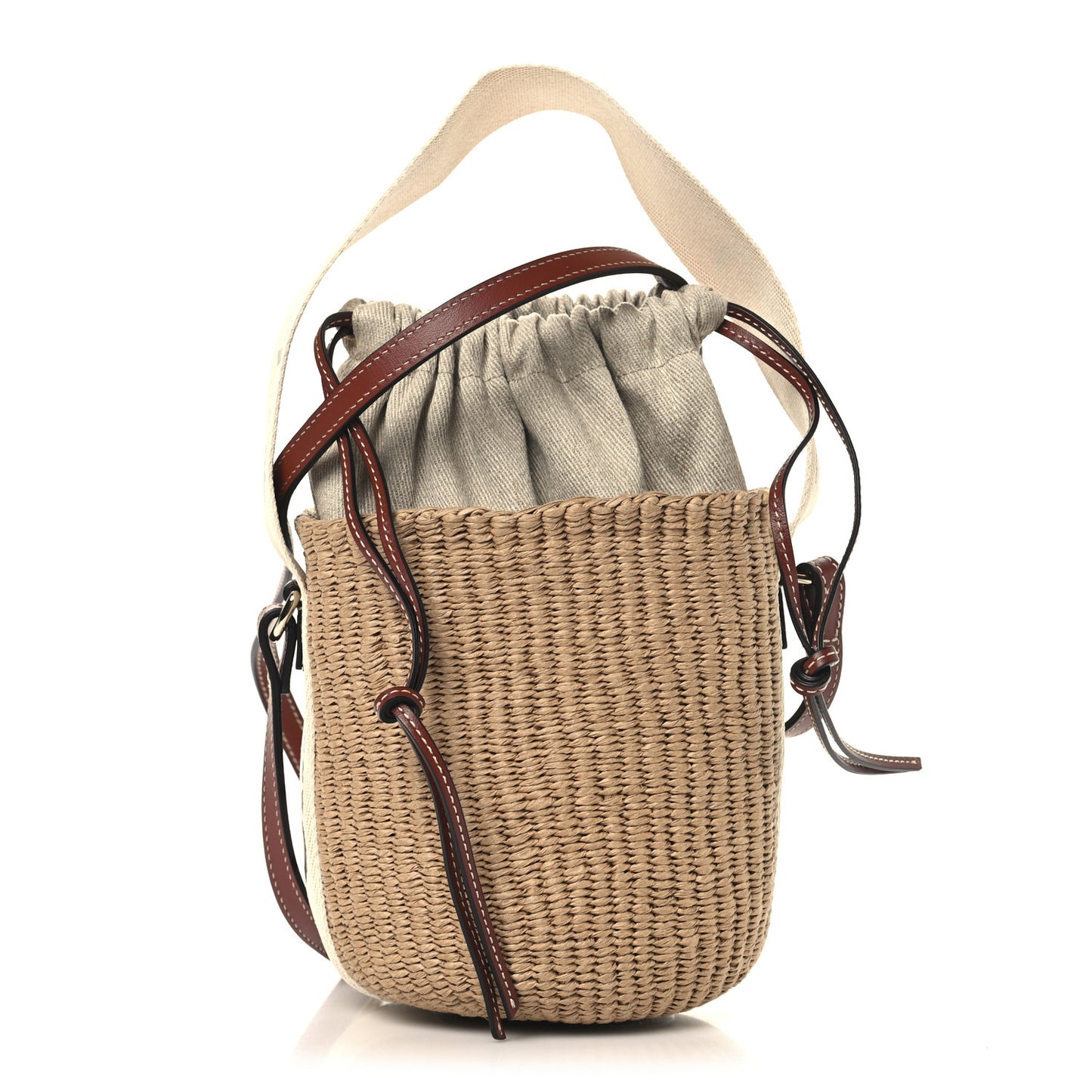 Raffia Calfskin Small Woody Basket Bag Brown