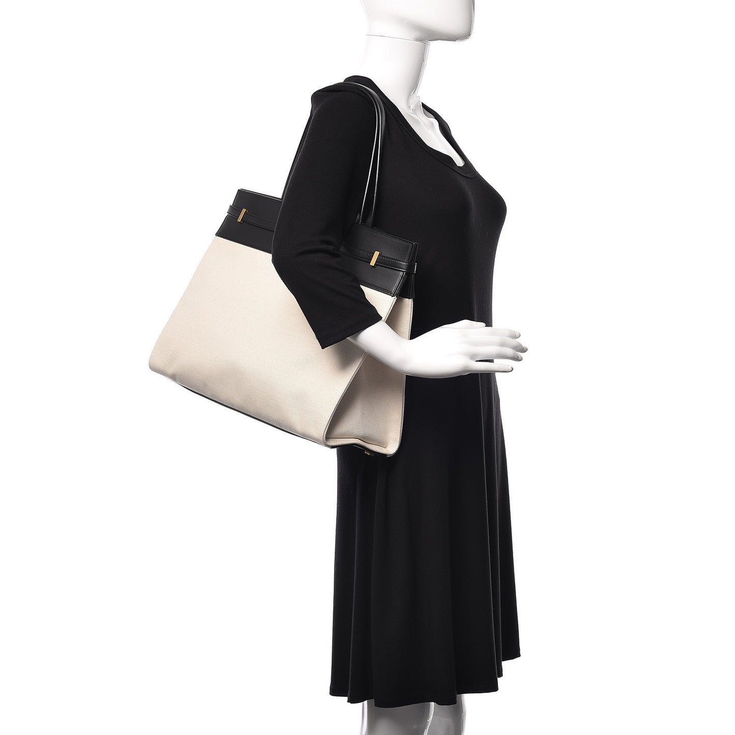 Canvas Calfskin Medium Manhattan Shopper Tote Natural Black
