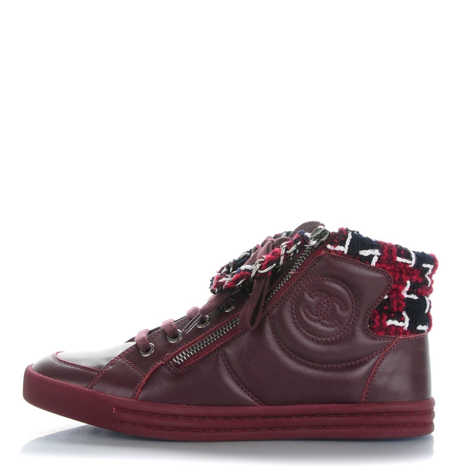 Chanel Lambskin Tweed Chain CC Sneakers 36 Burgundy Navy White 1 of 9