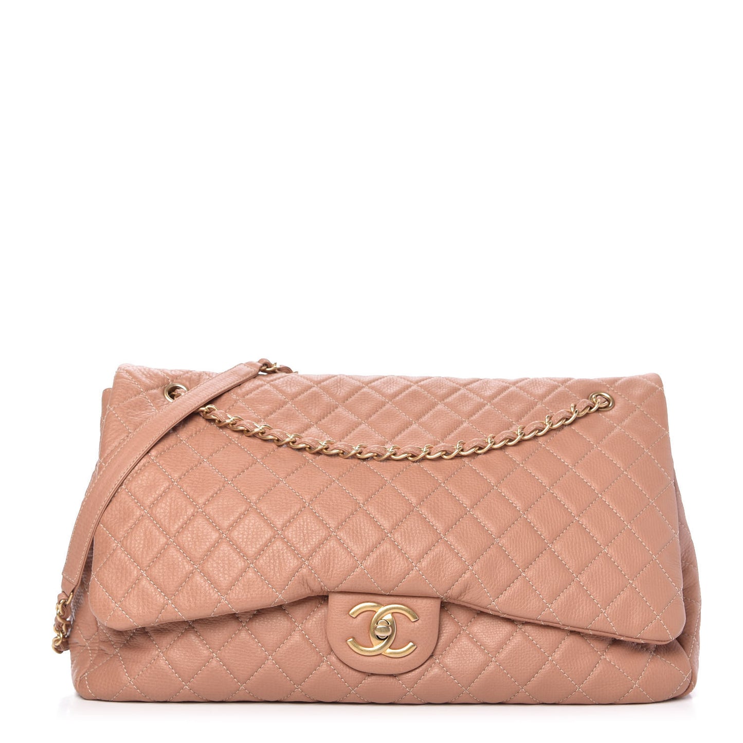 Calfskin Quilted XXL Travel Flap Bag Camel