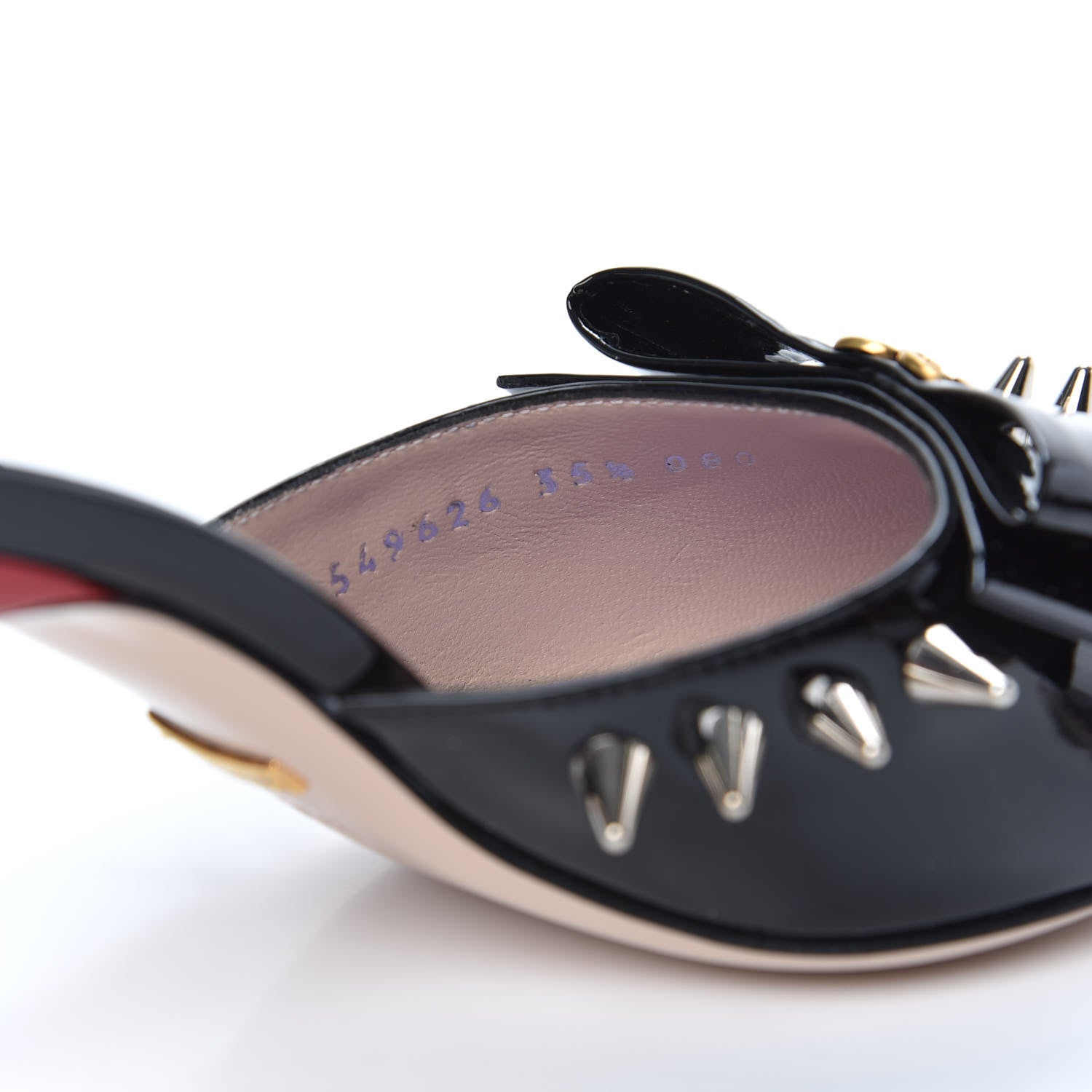 Gucci Patent GG Bow Sadie Spike Mid Heel Mules 35.5 Black 8 of 9